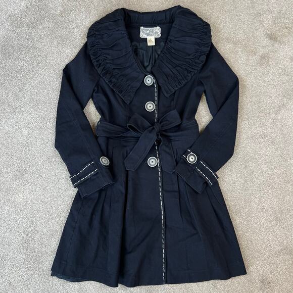 Nick and Mo Peter Pan Collared Button Front Navy Blue Tie Waist Long Jacket (M) - Picture 9 of 14